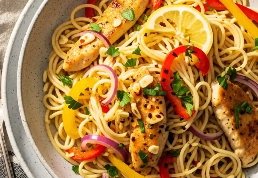 A bowl of copycat Olive Garden Chicken Scampi, featuring angel hair pasta tossed with chicken tenders, bell peppers, and red onions in a light garlic and white wine scampi sauce, garnished with a lemon wheel.