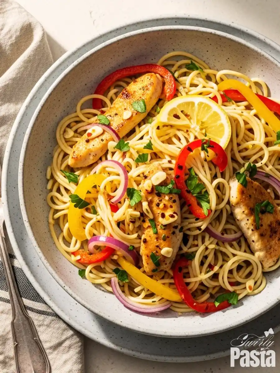 A bowl of copycat Olive Garden Chicken Scampi, featuring angel hair pasta tossed with chicken tenders, bell peppers, and red onions in a light garlic and white wine scampi sauce, garnished with a lemon wheel.