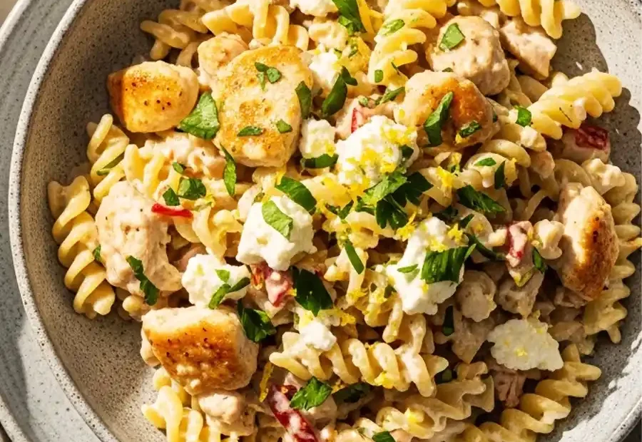 A bowl of creamy goat cheese and chicken pasta, featuring rotini tossed with seared chicken in a tangy cream sauce, topped with crumbled goat cheese, sun-dried tomatoes, parsley, and lemon zest.