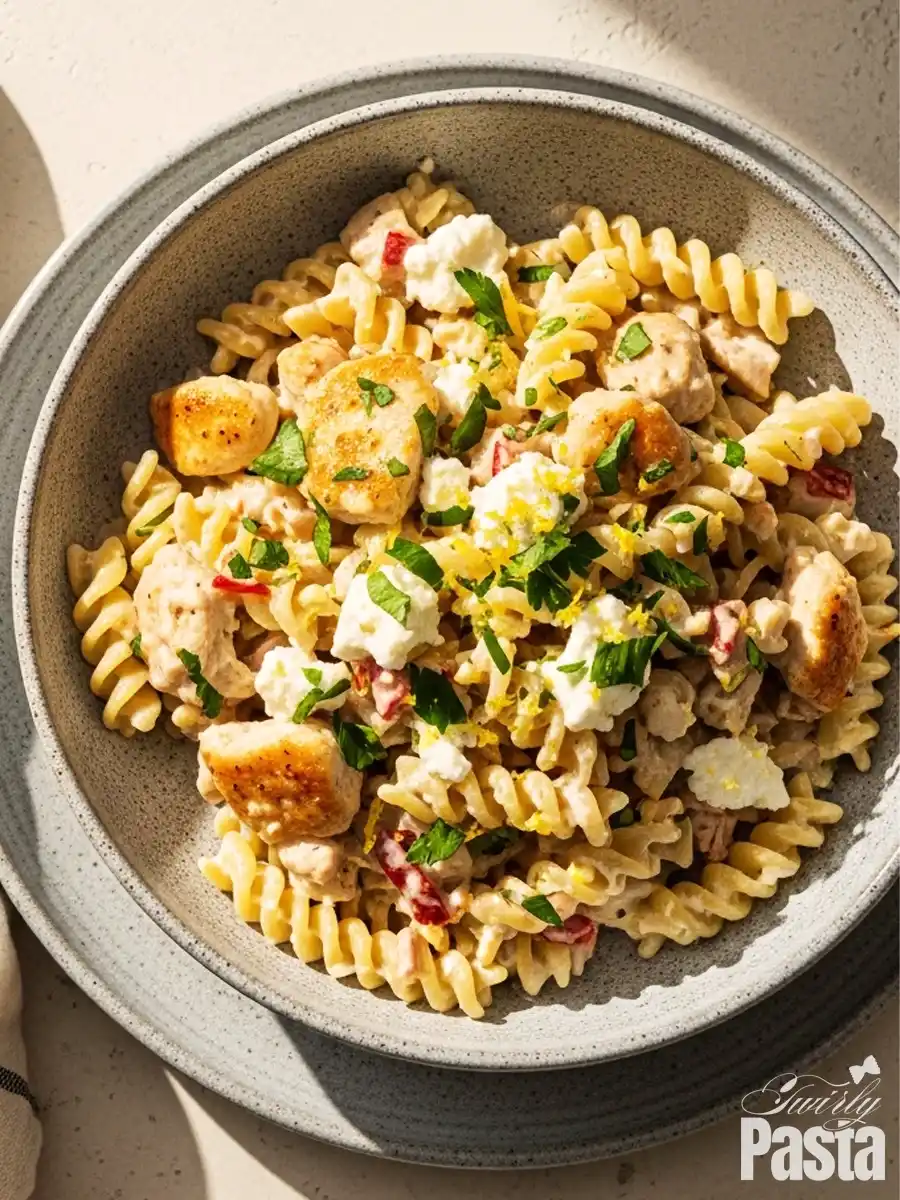 A bowl of creamy goat cheese and chicken pasta, featuring rotini tossed with seared chicken in a tangy cream sauce, topped with crumbled goat cheese, sun-dried tomatoes, parsley, and lemon zest.