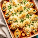 A ceramic baking dish filled with baked Chicken and Ricotta Stuffed Shells, featuring jumbo pasta shells packed with a savory chicken and cheese filling, nestled in marinara sauce, and topped with golden-brown breadcrumbs and melted mozzarella cheese.