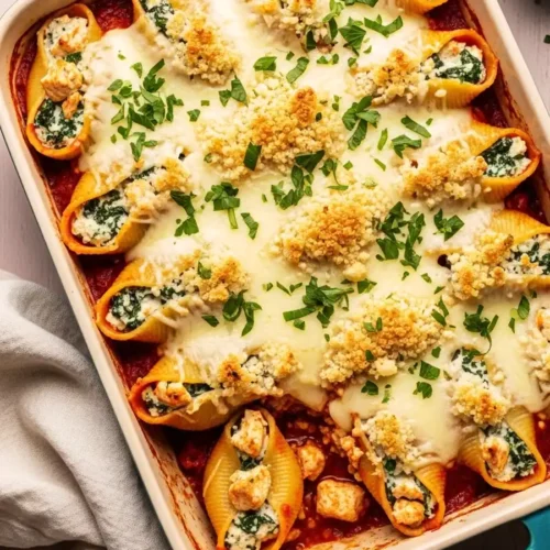 A ceramic baking dish filled with baked Chicken and Ricotta Stuffed Shells, featuring jumbo pasta shells packed with a savory chicken and cheese filling, nestled in marinara sauce, and topped with golden-brown breadcrumbs and melted mozzarella cheese.