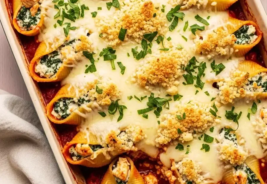 A ceramic baking dish filled with baked Chicken and Ricotta Stuffed Shells, featuring jumbo pasta shells packed with a savory chicken and cheese filling, nestled in marinara sauce, and topped with golden-brown breadcrumbs and melted mozzarella cheese.