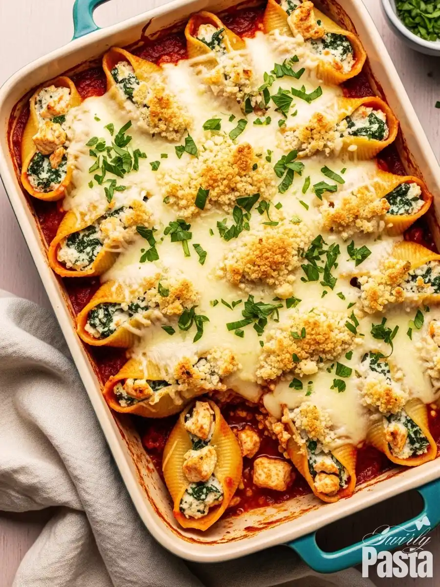 A ceramic baking dish filled with baked Chicken and Ricotta Stuffed Shells, featuring jumbo pasta shells packed with a savory chicken and cheese filling, nestled in marinara sauce, and topped with golden-brown breadcrumbs and melted mozzarella cheese.