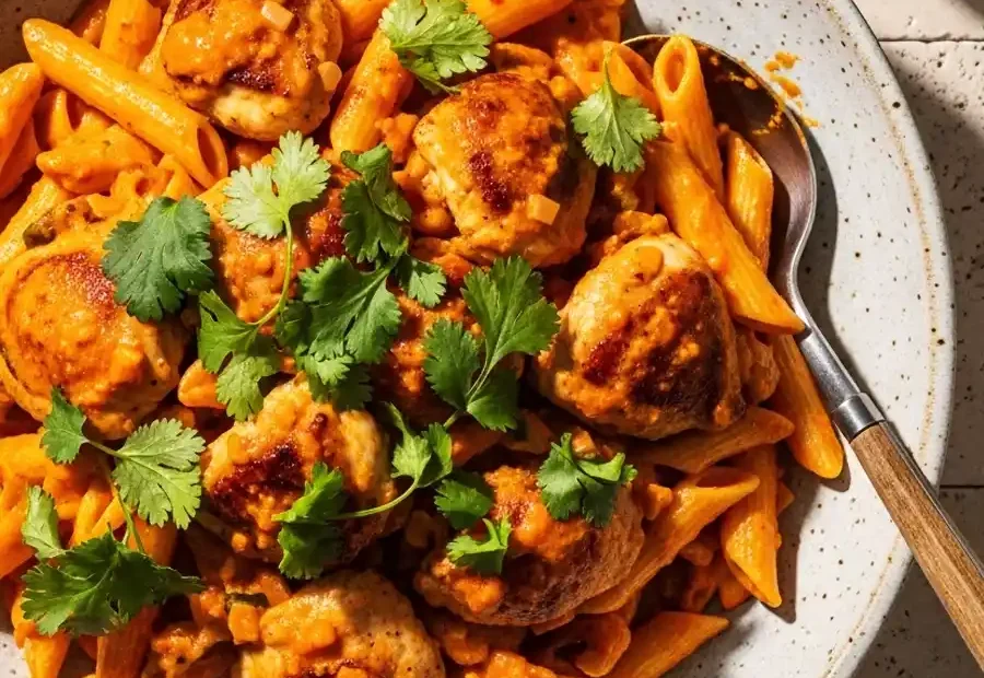 A bowl of creamy Peri-Peri Chicken Pasta, featuring penne tossed with seared chicken in a spicy and tangy Portuguese-style chili cream sauce, and garnished with fresh cilantro.