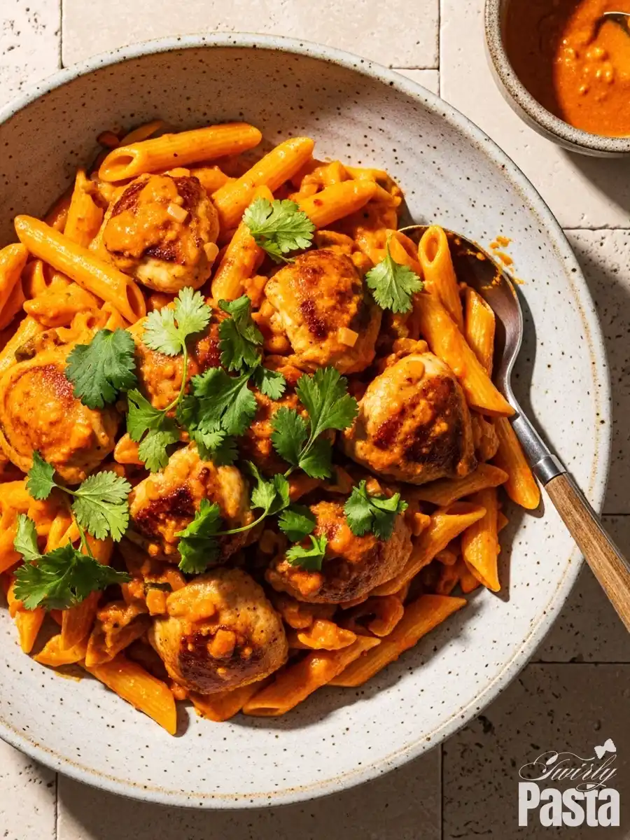 A bowl of creamy Peri-Peri Chicken Pasta, featuring penne tossed with seared chicken in a spicy and tangy Portuguese-style chili cream sauce, and garnished with fresh cilantro.