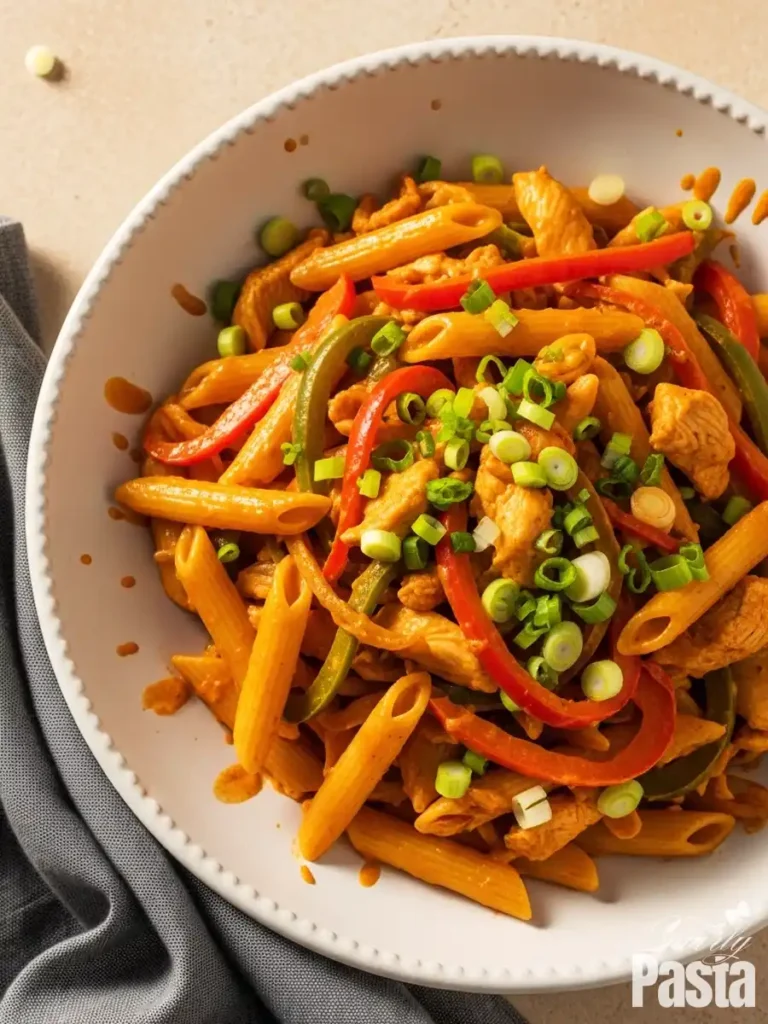 A white bowl filled with spicy Rasta Pasta, featuring penne tossed with jerk chicken, sautéed red and green bell peppers, and a creamy Caribbean-style sauce, garnished with fresh green onions.
