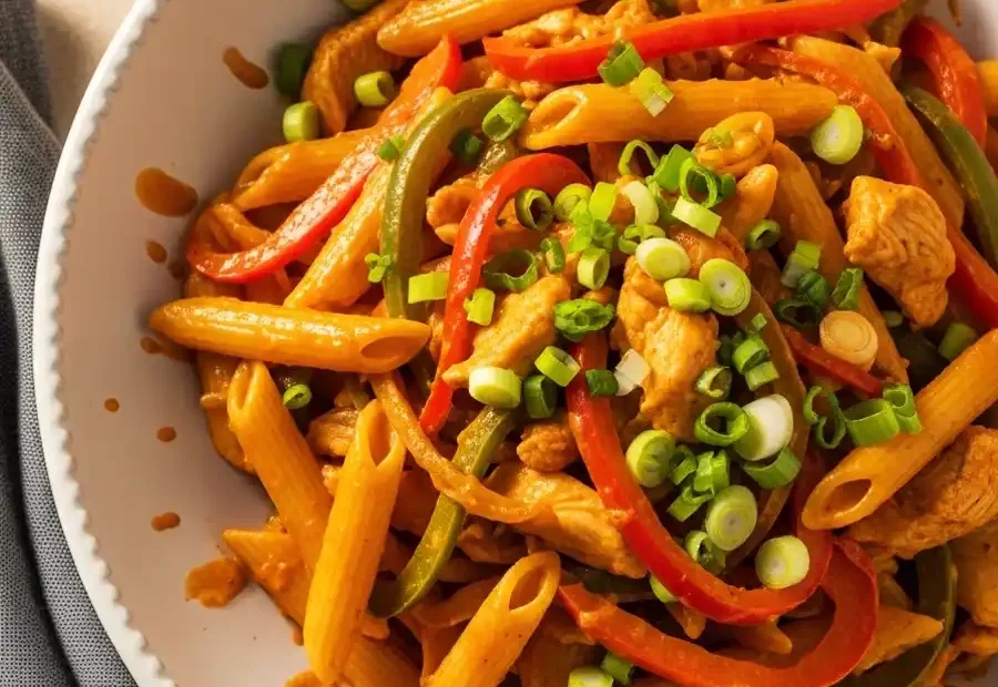 A white bowl filled with spicy Rasta Pasta, featuring penne tossed with jerk chicken, sautéed red and green bell peppers, and a creamy Caribbean-style sauce, garnished with fresh green onions.