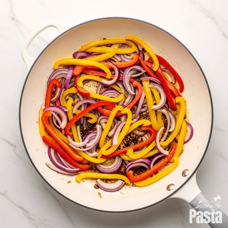 A flat lay photo showing colorful sliced bell peppers and red onions sautéing in a large white skillet.