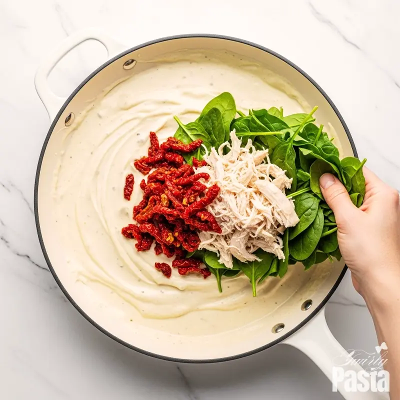 Overhead view of chicken, spinach, and sun-dried tomatoes being added to a white cream sauce in a skillet.