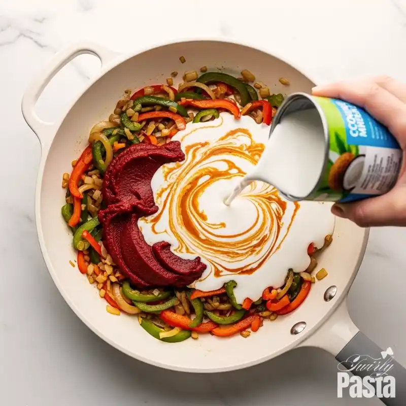 Overhead view of coconut milk being poured into a skillet of sautéed vegetables to create a creamy jerk sauce.