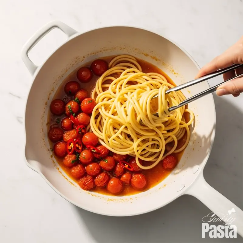 Overhead view of cooked bucatini pasta being added with tongs to a simmering tomato and chili sauce in a white skillet.