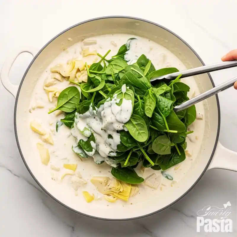 Top-down view of fresh spinach being wilted into a creamy white sauce in a skillet, with tongs gently tossing it.