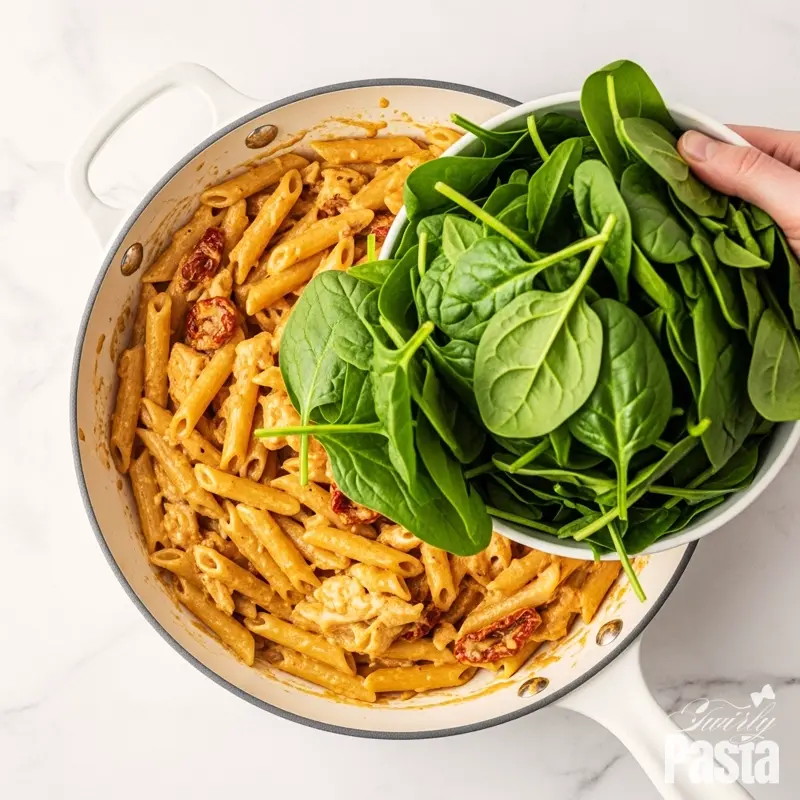 A top-down shot of fresh spinach being wilted into the creamy penne pasta in a white skillet.