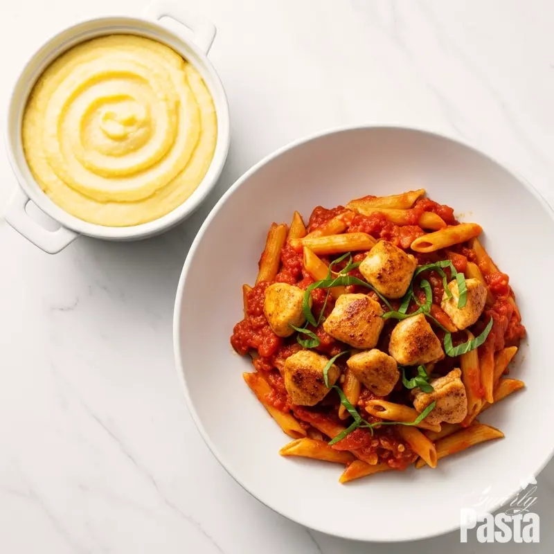 A top-down photo of a bowl of angry chicken penne pasta next to a smaller bowl of creamy polenta, served on a white marble surface.
