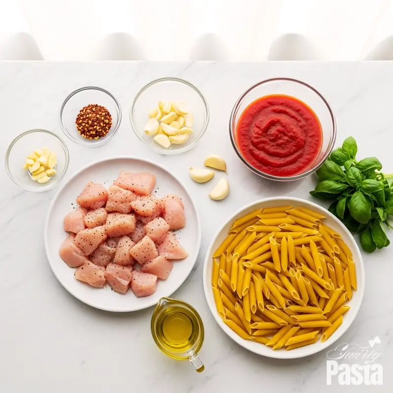 A top-down view of ingredients for angry chicken penne arranged on a white marble surface, including raw chicken, penne pasta, tomatoes, olive oil, garlic, and fresh basil.