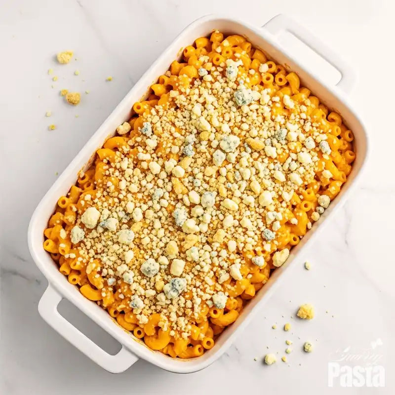 Sprinkling buttery panko breadcrumbs and blue cheese over buffalo chicken mac and cheese in a white casserole dish before baking.