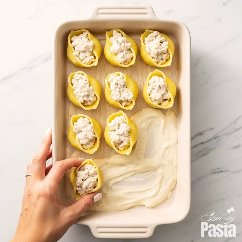 An overhead view of a hand placing a filled jumbo pasta shell into a white baking dish.