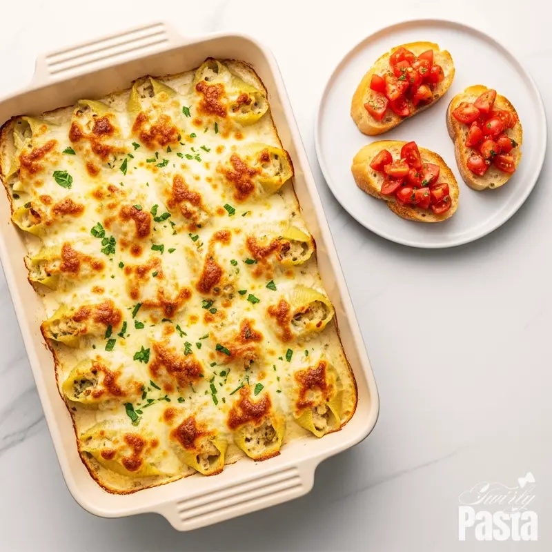 A beautiful overhead shot of baked chicken alfredo stuffed shells in a white dish, served with a side of fresh tomato bruschetta.