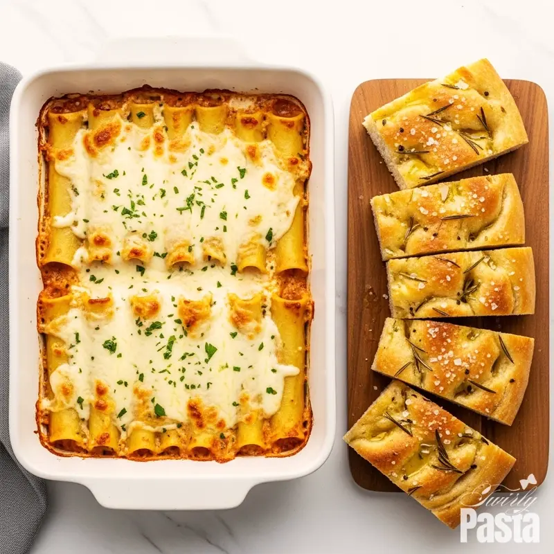 A top-down view of a golden-baked chicken manicotti in a white dish, served with slices of rosemary focaccia.