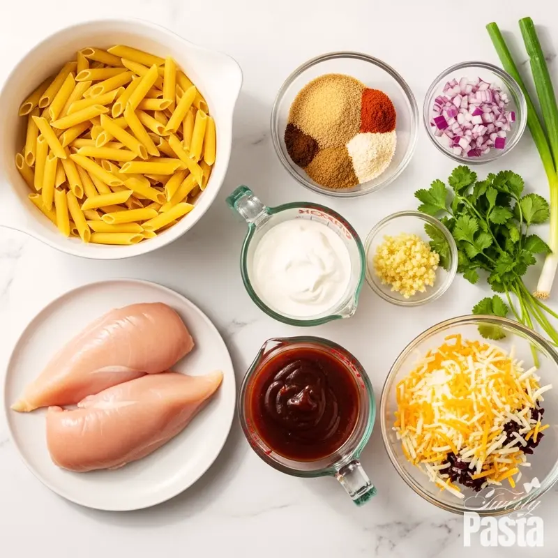 Overhead view of all ingredients for BBQ chicken pasta, including chicken, spices, pasta, cheese, and sauce components, arranged on a white marble countertop.