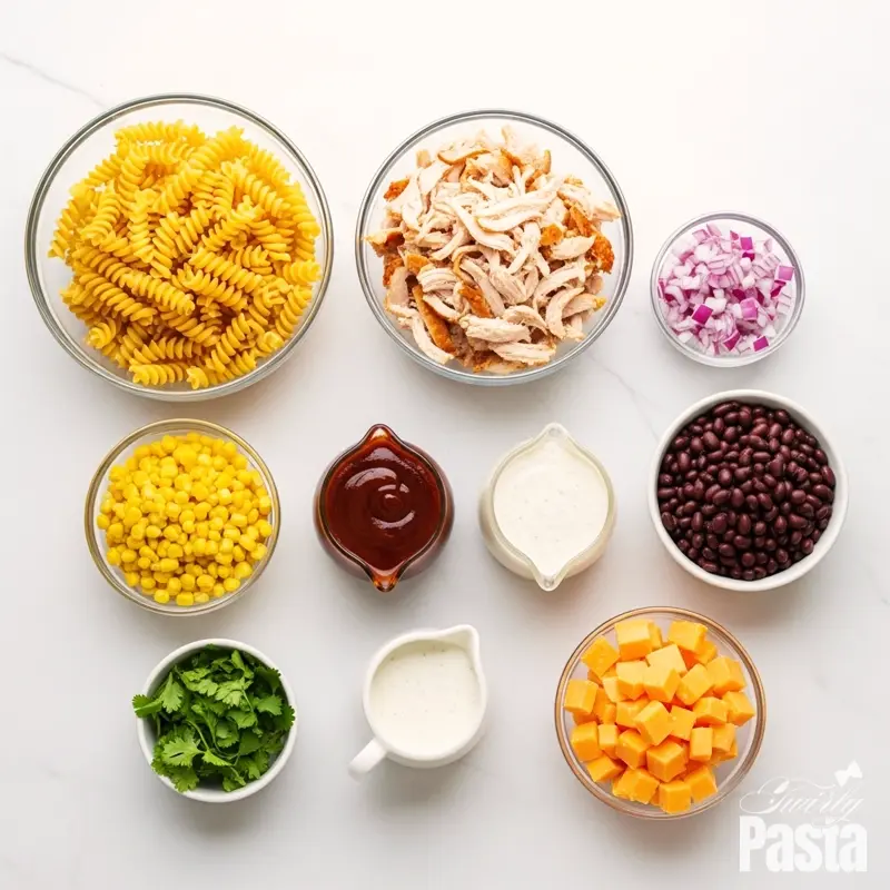 A top-down view of the ingredients for BBQ chicken pasta salad arranged in separate bowls on a white marble countertop.