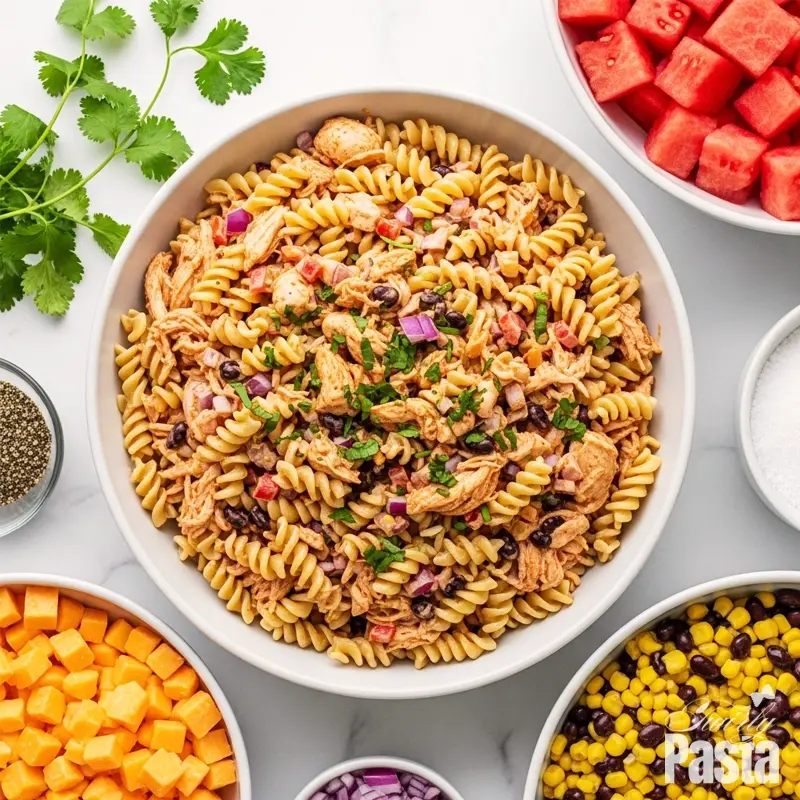 A top-down view of a potluck spread featuring a large bowl of BBQ chicken pasta salad and a side of cornbread on a marble table.