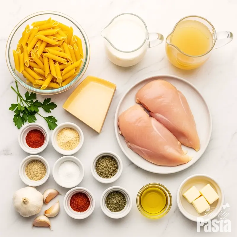Overhead view of ingredients for Blackened Chicken Alfredo arranged on a white marble surface.