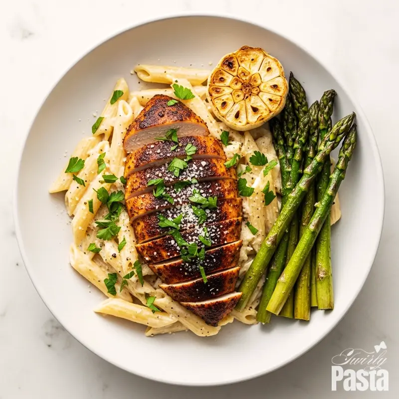A plated bowl of Blackened Chicken Alfredo next to roasted asparagus, seen from directly above.