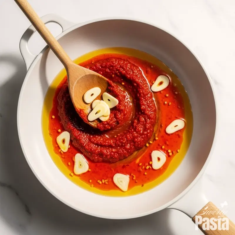 A top-down photo of a white skillet, showing red chili paste being bloomed in hot garlic-infused oil, turning it a fiery red.