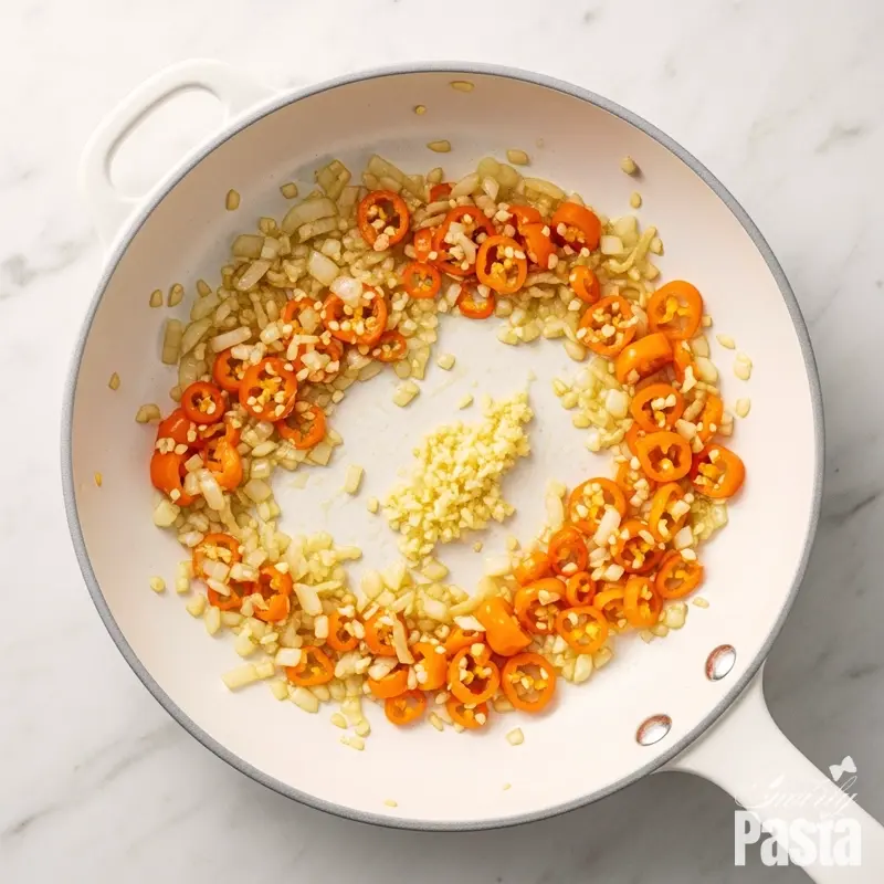 An overhead flat lay of minced habanero peppers, shallots, and garlic sizzling in a white skillet.