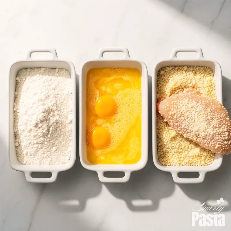 A top-down view of a three-step breading station for chicken cutlets, showing dishes of flour, egg, and panko breadcrumbs on a marble surface.