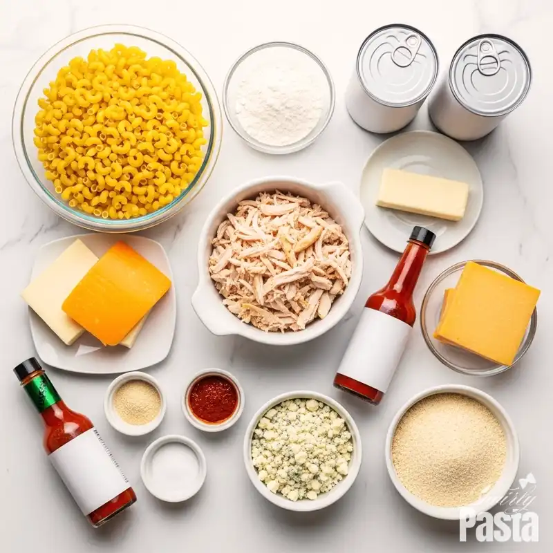Overhead flat lay of ingredients for buffalo chicken mac and cheese on a white marble surface.