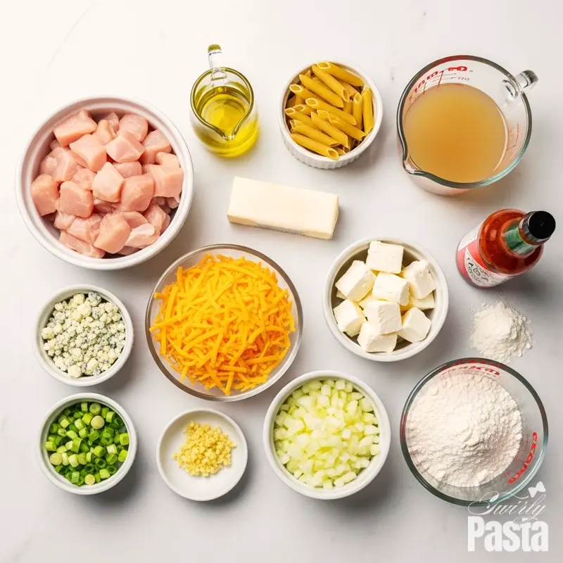 A 90-degree overhead flat lay of all the ingredients for buffalo chicken pasta, neatly arranged in bowls on a white marble surface.