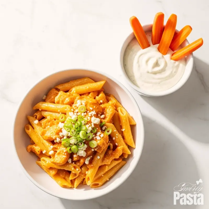 An overhead shot of a bowl of buffalo chicken pasta served with a side of fresh carrot sticks and creamy dip.