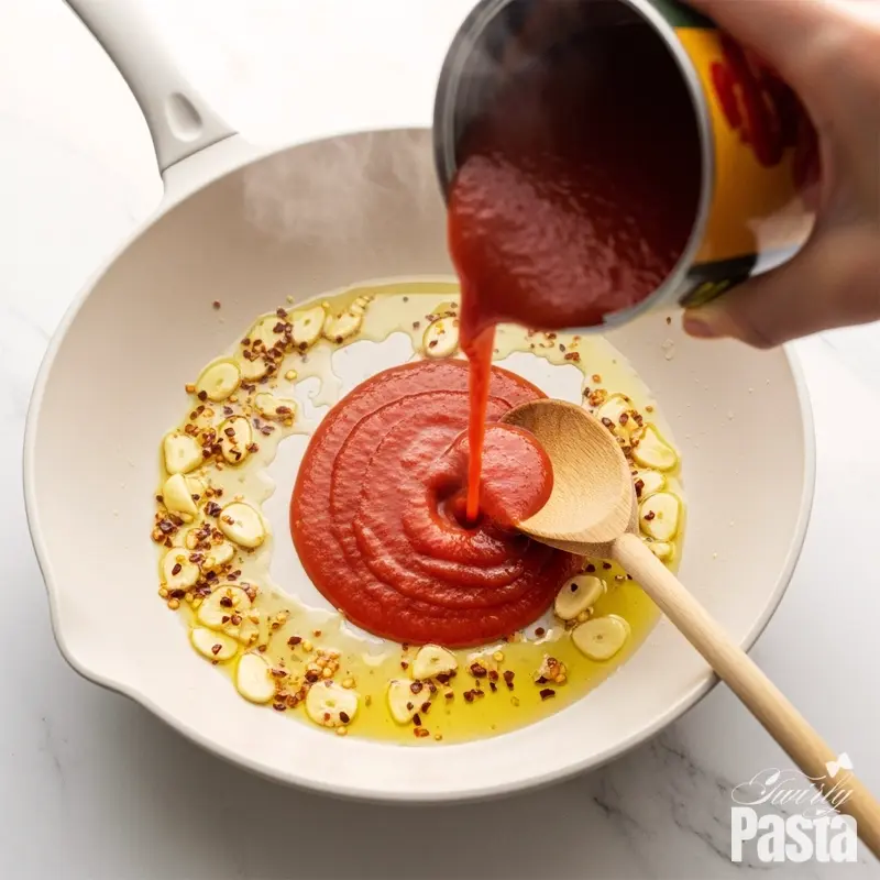 A top-down action shot of tomato passata being poured into a white skillet with sizzling garlic and red pepper flakes to create a spicy sauce.