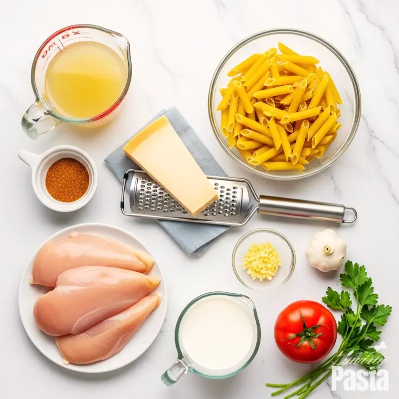 Overhead view of ingredients for Cajun Chicken Pasta on a white marble surface, including chicken, pasta, spices, and cream.