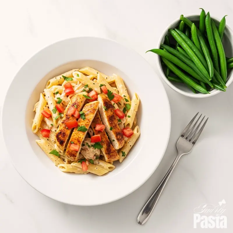 A plated serving of Cajun Chicken Pasta garnished with tomatoes and parsley, next to a bowl of steamed green vegetables, viewed from above.
