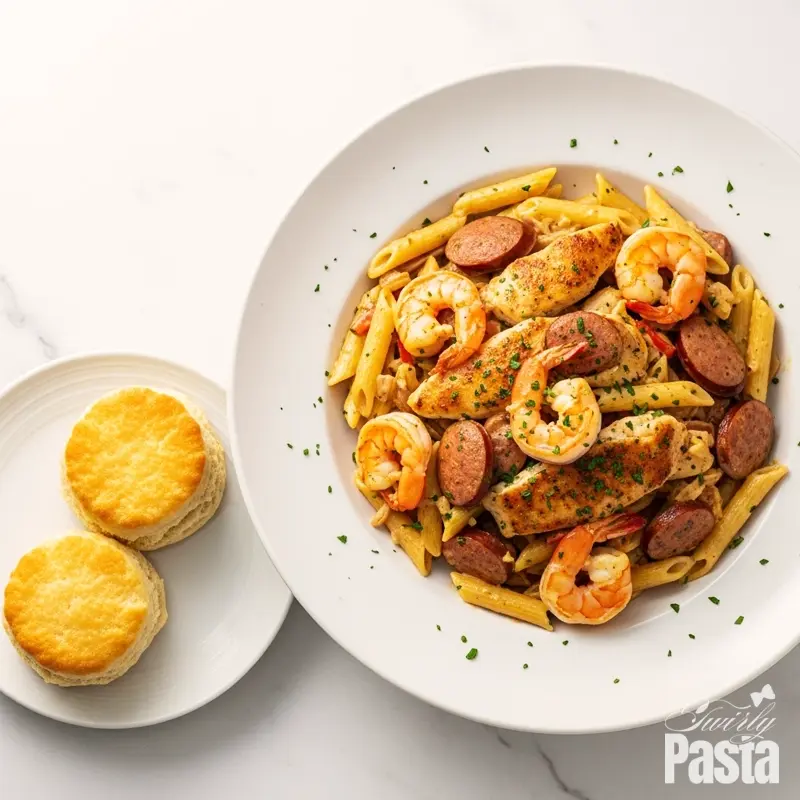 A beautiful overhead photo of a bowl of creamy Cajun pasta with chicken, sausage, and shrimp, served with a side of fluffy buttermilk biscuits.