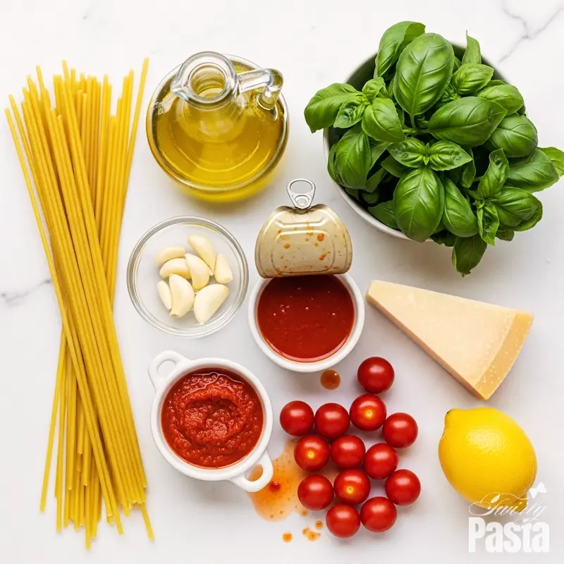 A top-down view of ingredients for Calabrian chili pasta arranged on a white marble surface, including bucatini, olive oil, garlic, chili paste, tomatoes, basil, and Parmesan.