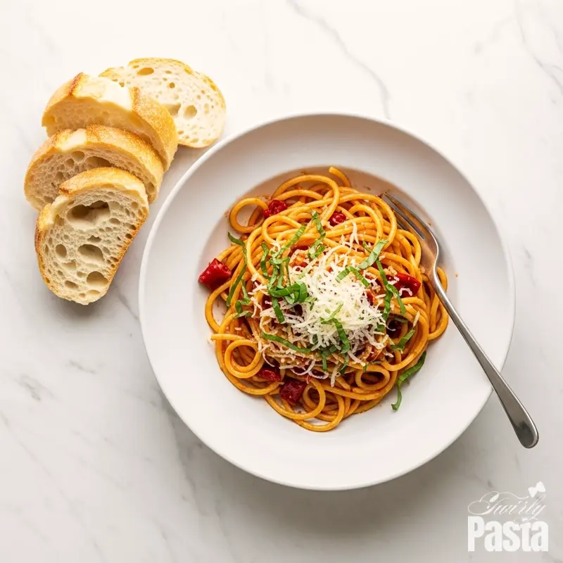 A plated bowl of Calabrian chili bucatini served with slices of crusty Italian bread, seen from directly above on a marble background.