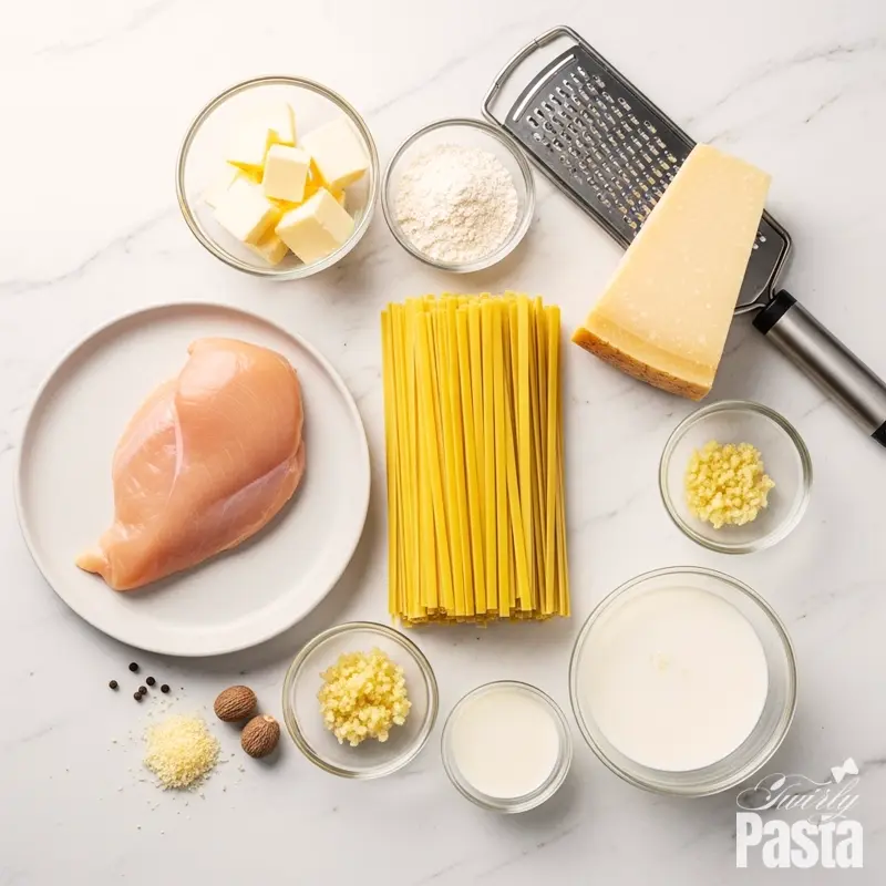 A top-down view of the raw ingredients for homemade chicken alfredo arranged on a white marble countertop.