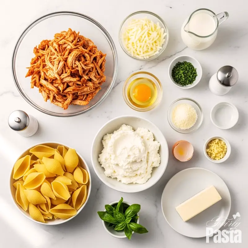 A top-down view of all the ingredients for chicken alfredo stuffed shells arranged neatly on a white marble countertop.