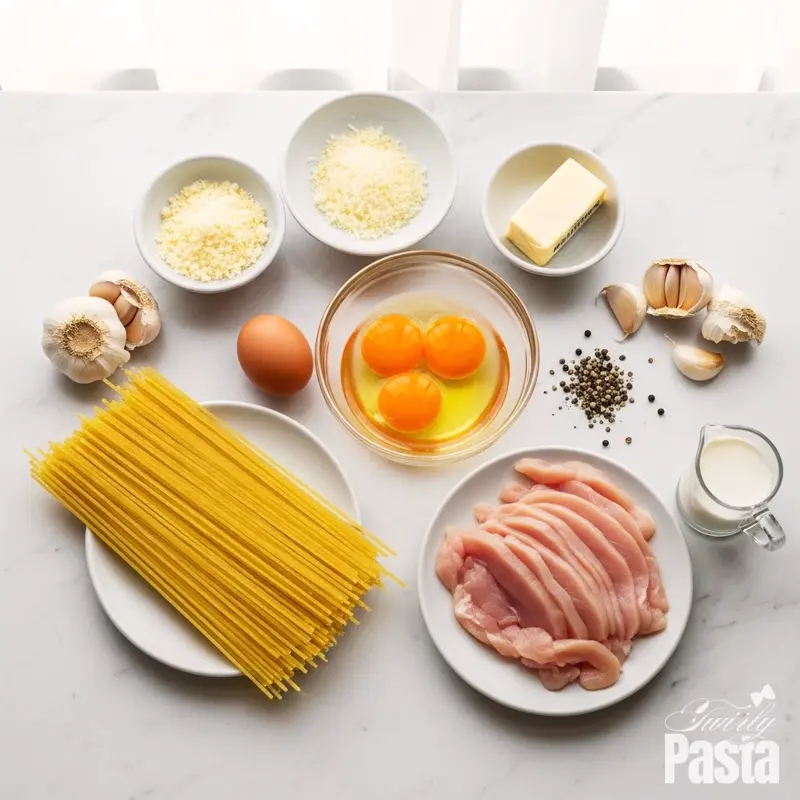 A top-down view of all the ingredients for chicken carbonara arranged on a white marble countertop.