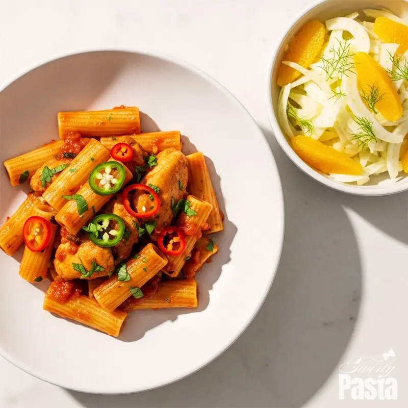 An overhead shot of a bowl of Chicken Diavolo pasta served next to a fresh fennel and orange salad.