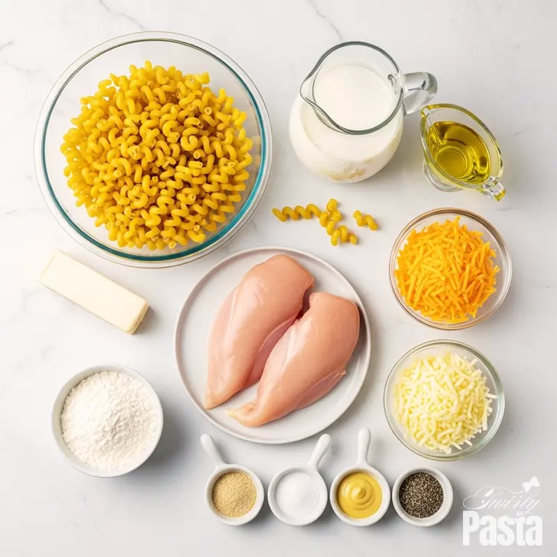 A top-down view of all the ingredients for creamy chicken mac and cheese laid out on a white marble countertop.