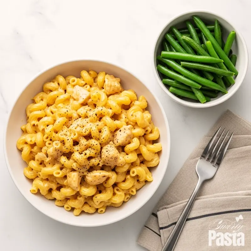A final plated bowl of creamy chicken mac and cheese served alongside a side of sautéed green beans.