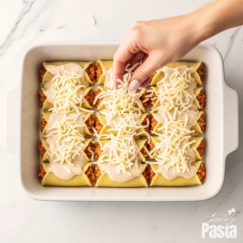 An overhead shot of chicken manicotti assembled in a white baking dish, topped with cream sauce and cheese, ready to be baked.