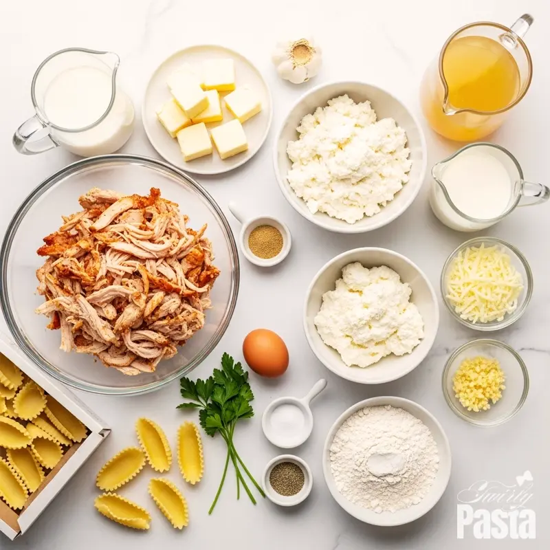 A top-down view of all ingredients for creamy chicken manicotti arranged on a white marble countertop.