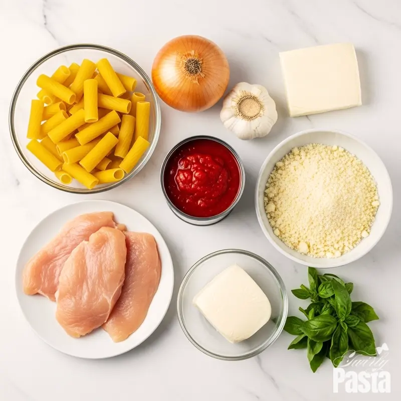 A top-down view of ingredients for chicken parmesan pasta arranged on a white marble countertop, including raw chicken, pasta, panko, tomatoes, onion, garlic, mozzarella, and basil.